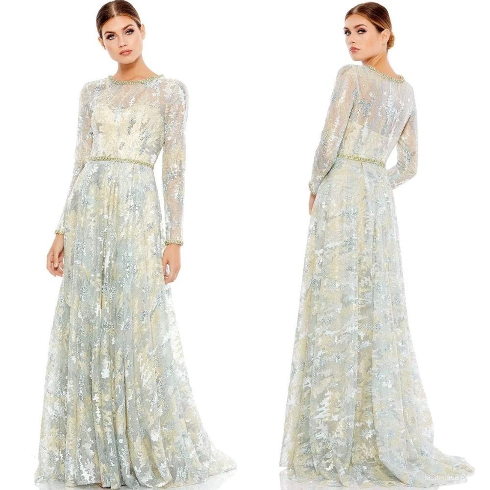 Mac Duggal 12460 Jeweled Cuff Long Sleeve Lace Gown